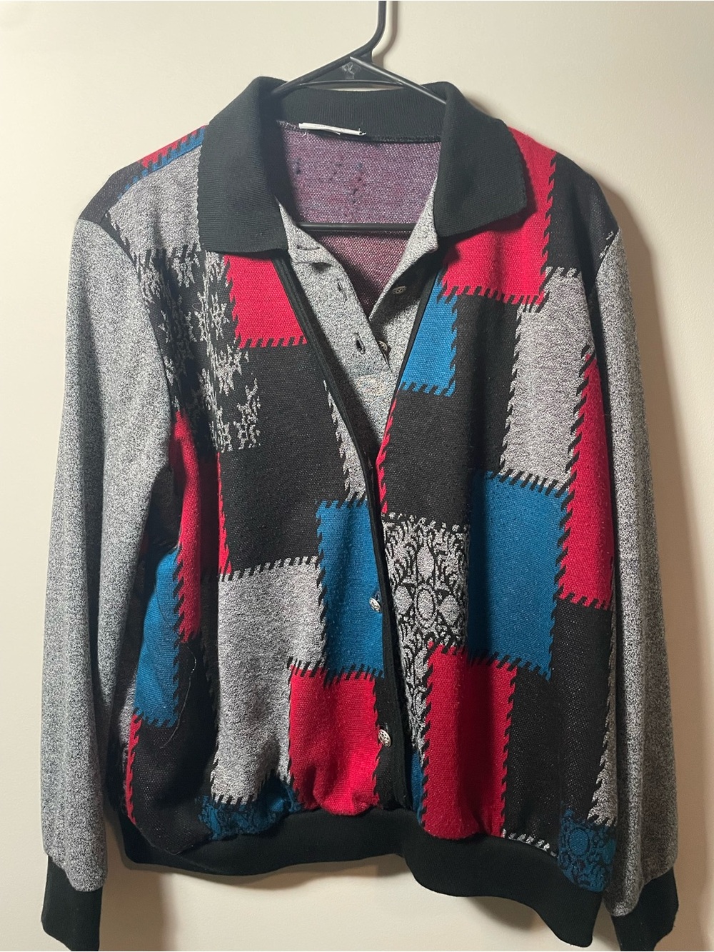 VTG 90s Women’s L Colorblock Patchwork Button-Front Sweater -